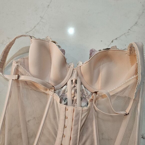 Victorias Secret Floral Embroidery Mesh Bustier Corset Size Medium Pink - Picture 7 of 11